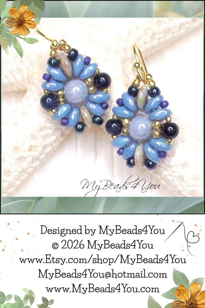 May include: A pair of dangle earrings featuring a central light blue bead surrounded by a floral pattern of elongated blue petals, dark navy round beads, and small gold accents, suspended from gold-toned metal ear wires on a white textured surface.