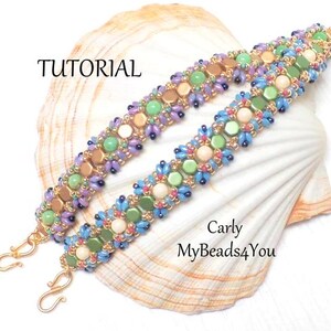 May include: Two beaded bracelets with gold-tone clasps. The bracelets feature a pattern of colorful beads in shades of green, blue, purple, and peach. The bracelets are displayed on a seashell. Text on the image reads "Tutorial" and "Carly MyBeads4You".