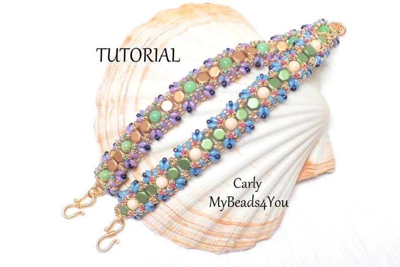 May include: Two beaded bracelets with gold-tone clasps. The bracelets feature a pattern of colorful beads in shades of green, blue, purple, and peach. The bracelets are displayed on a seashell. Text on the image reads "Tutorial" and "Carly MyBeads4You".