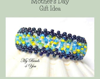 Blue Yellow Handmade Beaded Bracelet with Button Clasp, Beadwoven Jewelry, Beadwork Bracelet Mother's Day Sister Girlfriend Gift Ideas