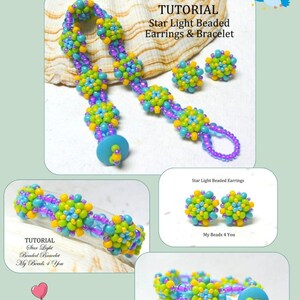 Peut inclure: Un tutoriel pour la fabrication de boucles d'oreilles et d'un bracelet en perles de lumi&egrave;re d'&eacute;toile. L'image montre un gros plan des bijoux finis, qui sont faits de perles turquoise, jaunes et violettes. Le texte "My Beads 4 You" est visible sur l'image.