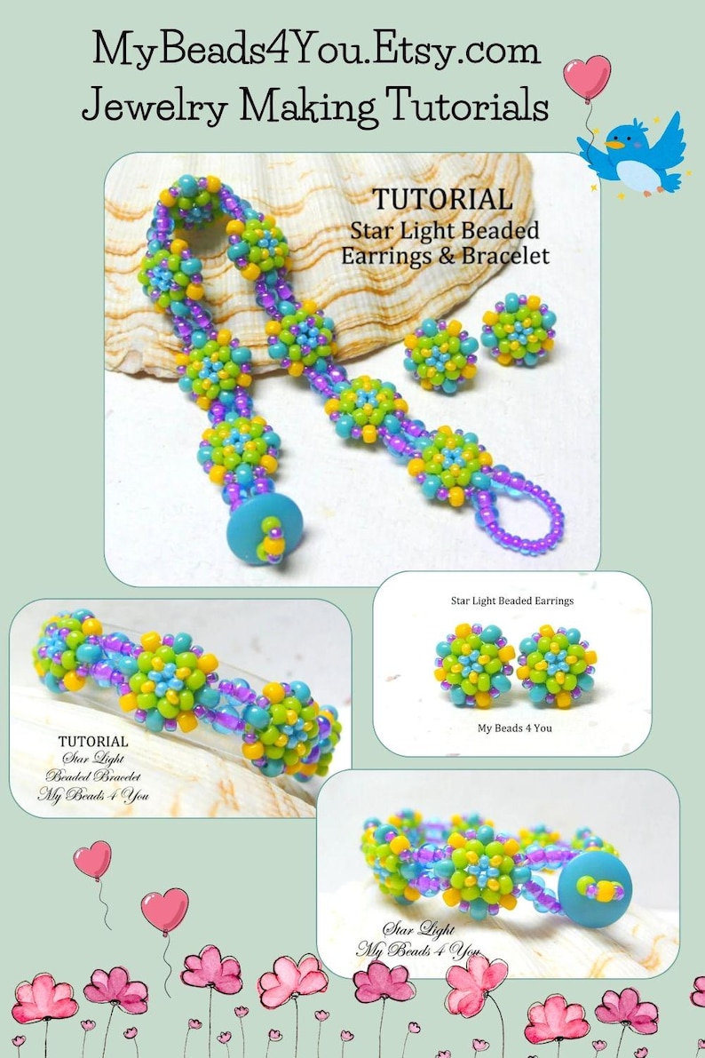 Peut inclure: Un tutoriel pour la fabrication de boucles d'oreilles et d'un bracelet en perles de lumi&egrave;re d'&eacute;toile. L'image montre un gros plan des bijoux finis, qui sont faits de perles turquoise, jaunes et violettes. Le texte "My Beads 4 You" est visible sur l'image.