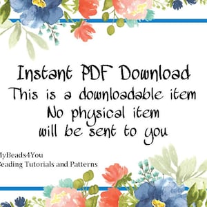 K&ouml;nnte beinhalten: Ein blauer und wei&szlig;er Blumenrand umrahmt einen wei&szlig;en Hintergrund mit schwarzem Text, der lautet "Sofortiger PDF-Download Dies ist ein herunterladbarer Artikel Kein physischer Artikel wird Ihnen zugesandt MyBeads4You Perlen-Anleitungen und Muster"