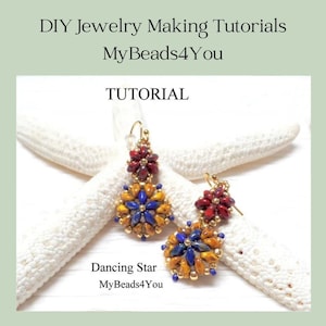 May include: Gold-toned earrings with a floral design, featuring red, blue, and yellow beads. The earrings are displayed on a white starfish. Text on the image reads "DIY Jewelry Making Tutorials MyBeads4You" and "Dancing Star MyBeads4You".
