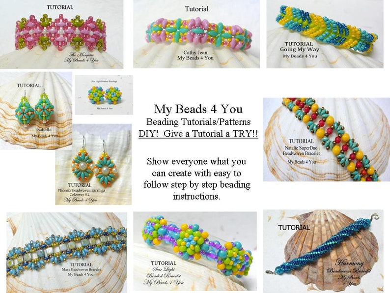 May include: A collection of beading tutorials and patterns by My Beads 4 You, featuring various handmade bracelets and earrings in colorful designs. The image displays text including My Beads 4 You Beading Tutorials/Patterns DIY! Give a Tutorial a TRY!!