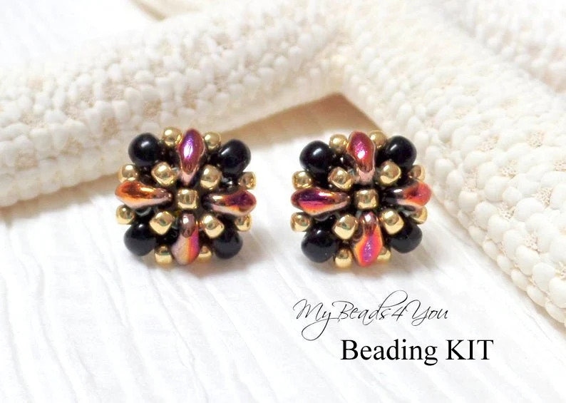 Stud earring beading kit. seed beads and superduo beads make up this awesome kit. Kit comes with all the beads, post and tutorial.