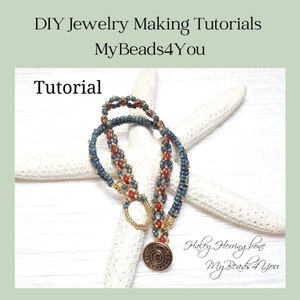 May include: A beaded necklace featuring blue and red beads with gold accents, finished with a circular metal clasp. The text reads: DIY Jewelry Making Tutorials, MyBeads4You, Tutorial, Haley Herring bone, MyBeads4You.