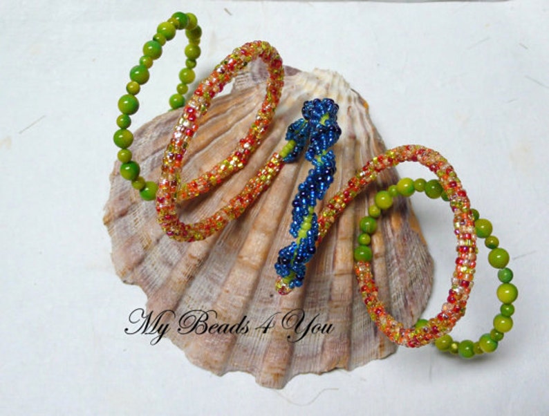 Memory Wire Bracelet Blue Green Seed Bead Wrap Bracelet Etsy