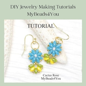 Puede incluir: Un par de pendientes de cuentas azules y amarillas con un diseño de flores. Los pendientes están etiquetados como "Cactus Rose MyBeads4You" y "TUTORIAL".