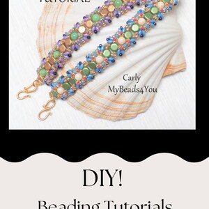 May include: Two beaded bracelets with gold clasps, featuring a colorful array of beads in green, blue, purple, and tan hues. The bracelets rest on a seashell. Text on the image reads "Tutorial" and "DIY! Beading Tutorials MyBeads4You".