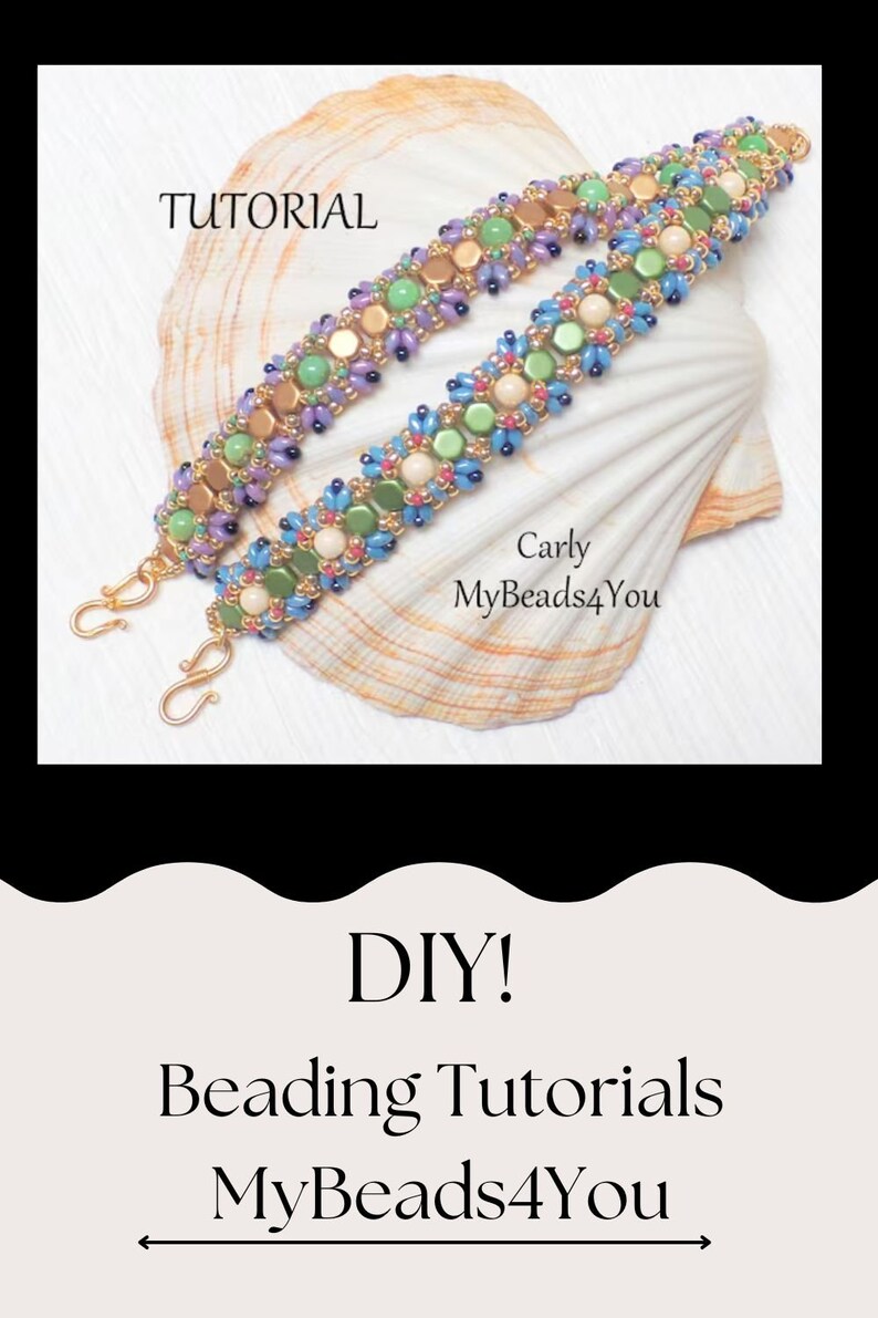 May include: Two beaded bracelets with gold clasps, featuring a colorful array of beads in green, blue, purple, and tan hues. The bracelets rest on a seashell. Text on the image reads "Tutorial" and "DIY! Beading Tutorials MyBeads4You".