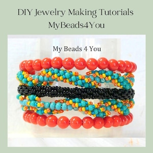 Könnte beinhalten: Eine Reihe handgefertigter Armbänder in verschiedenen Designs. Die Armbänder weisen leuchtende Farben auf, darunter rote, türkisfarbene, gelbe und schwarze Perlen. Das Bild enthält den Text "DIY Jewelry Making Tutorials MyBeads4You" und "My Beads 4 You".
