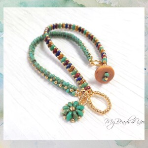 Turquoise Blue Red Gold Beaded Bracelet, Double Wrap Bead Bracelet, Charm Bracelet, Birthday Gift, Seed Bead Jewelry, Summer Beach Jewelry