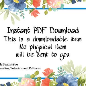 Op de afbeelding: Een digitale download aankondiging met een blauwe rand en bloemen aquarel accenten. De tekst luidt "Directe PDF Download" en verduidelijkt dat het een downloadbaar item is, zonder dat er een fysiek item wordt verzonden. De naam en categorie van de verkoper zijn ook opgenomen.