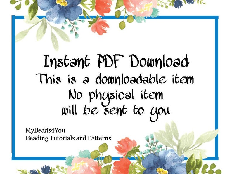 Op de afbeelding: Een digitale download aankondiging met een blauwe rand en bloemen aquarel accenten. De tekst luidt "Directe PDF Download" en verduidelijkt dat het een downloadbaar item is, zonder dat er een fysiek item wordt verzonden. De naam en categorie van de verkoper zijn ook opgenomen.