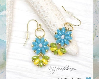 Blue Yellow Green Flower Beadwork Earrings, Handmade Jewelry Drop Earrings, Birthday Gift, Christmas Holiday Gift, Seed Bead Floral Earrings