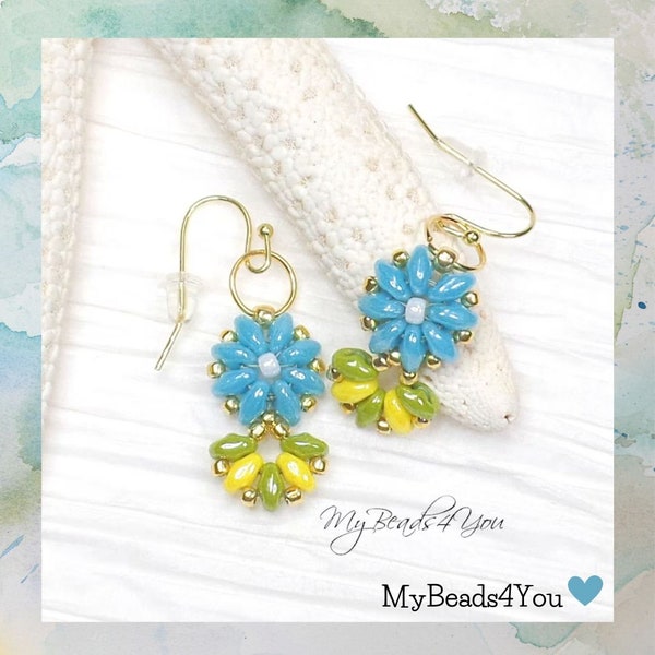 Blue Yellow Green Flower Beadwork Earrings, Handmade Jewelry Drop Earrings, Unique Birthday Mothers Day Gift Idea, Seed Bead Floral Earrings