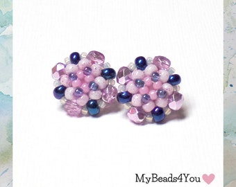 Pink Blue Stud Seed Bead Earrings, Crystal Fire Polished Beaded Jewelry Gift for Her, Handmade Unique Gift Ideas, Dainty Post Earrings