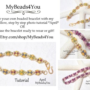 以下が含まれることがあります： MyBeads4Youによる「April」と題されたビーズブレスレットのチュートリアル。黄色、青、透明なビーズが特徴です。画像には、ピンクのバージョンを含む複数のブレスレットのバリエーションと、作成のためのテキストによる手順が表示されています。