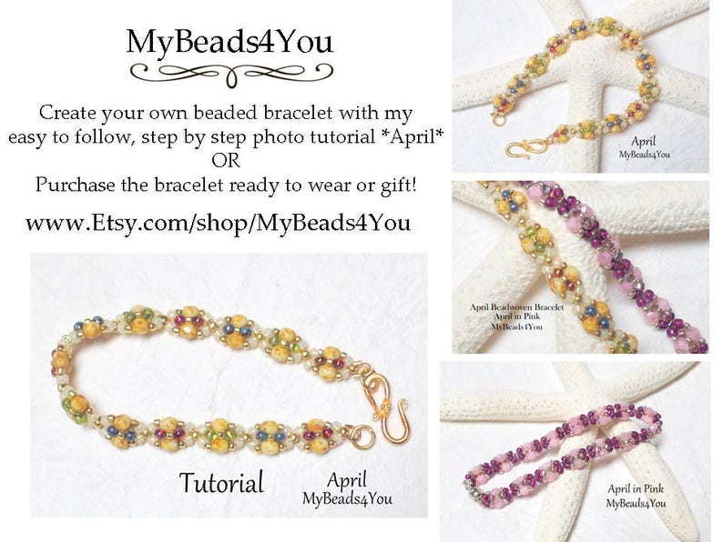 以下が含まれることがあります： MyBeads4Youによる「April」と題されたビーズブレスレットのチュートリアル。黄色、青、透明なビーズが特徴です。画像には、ピンクのバージョンを含む複数のブレスレットのバリエーションと、作成のためのテキストによる手順が表示されています。