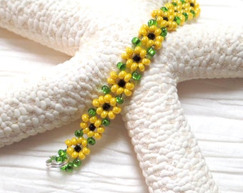 Sunflower Bracelet , Daisy Chain Bracelet, Handmade Seed Bead Flower, Beaded Flower Jewelry Gift For Women, Dainty Adjustable Anklet