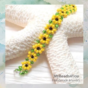 Sunflower Yellow Bracelet, Handmade Seed Bead Flower Jewelry, Pink Blue Flower Gift For Women, Summer Beach Dainty Adjustable Anklet