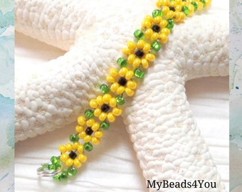 Daisy Chain Bracelet, Handmade Sunflower Seed Bead Jewelry, Beadwoven Yellow Green Flower, Jewelry Gift For Women, Dainty Adjustable Anklet