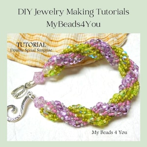 May include: A beaded bracelet featuring a twisted design of lime green and lavender faceted beads. The bracelet includes a silver-toned metal hook clasp. Text on the image reads: DIY Jewelry Making Tutorials, MyBeads4You, TUTORIAL Double Sprial Surprise.