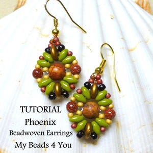 May include: A pair of beadwoven earrings featuring a central brown stone bead surrounded by olive green, metallic gold, black, and glittery copper beads. The earrings hang from gold-tone hooks. Text reads: TUTORIAL Phoenix Beadwoven Earrings My Beads 4 You.
