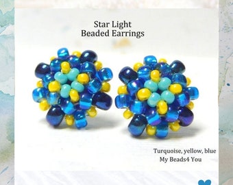 Small Stud Earrings Blue Turquoise Yellow, Seed Bead Post Earrings, Dainty Beadwork Jewelry Gift For Her, Summer Birthday Gifts For Women