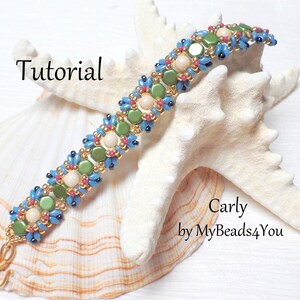 May include: A beaded bracelet with a gold clasp, featuring a pattern of blue, green, and peach-colored beads. The bracelet is displayed on a white starfish. The word "Tutorial" is visible in the image, along with the name "Carly" and the seller's name.