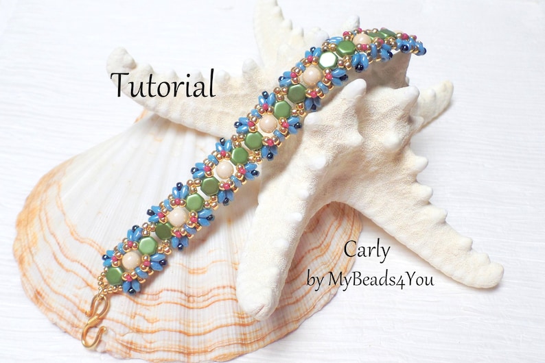 May include: A beaded bracelet with a gold clasp, featuring a pattern of blue, green, and peach-colored beads. The bracelet is displayed on a white starfish. The word "Tutorial" is visible in the image, along with the name "Carly" and the seller's name.