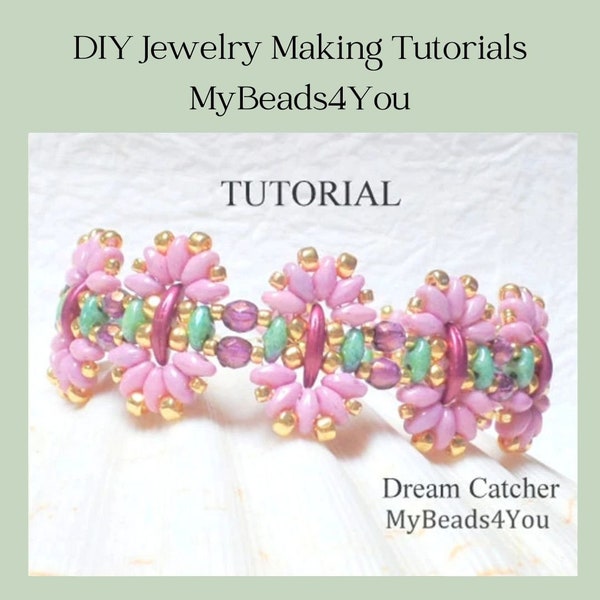 Dream Catcher Beading Tutorial and Pattern, SuperDuo Bracelet Instructions, Seed Bead Beadwork Jewelry Making Supplies with Crescent Beads