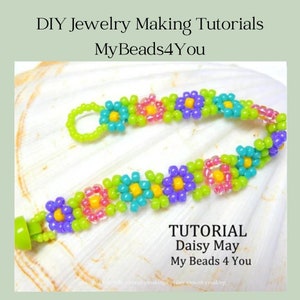 Patrón de pulsera de margaritas, tutorial de cadena de margaritas con cuentas, materiales para hacer joyas, tutorial de tobillera con cuentas de semillas, tutorial de margaritas de mayo