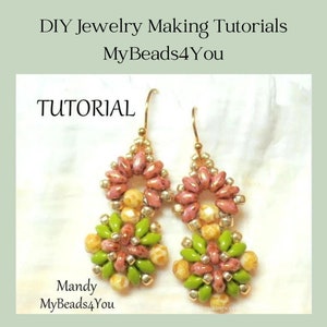 May include: A pair of beaded dangle earrings featuring pink, lime green, and yellow beads arranged in a floral pattern with gold-toned hooks. The image includes the text DIY Jewelry Making Tutorials, MyBeads4You, TUTORIAL, and Mandy MyBeads4You.