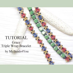 May include: A tutorial for a triple wrap bracelet called "Grace" by MyBeads4You. The bracelet is made with green, red, blue, yellow, and gold beads.