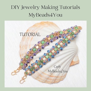 May include: Two beaded bracelets with gold clasps, featuring a mix of green, blue, purple, and tan beads. The bracelets are displayed on a seashell. Text on the image reads "DIY Jewelry Making Tutorials" and "MyBeads4You". The word "TUTORIAL" is also visible.