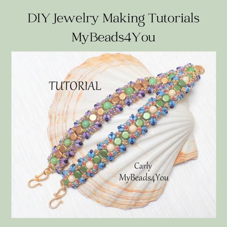 May include: Two beaded bracelets with gold clasps, featuring a mix of green, blue, purple, and tan beads. The bracelets are displayed on a seashell. Text on the image reads "DIY Jewelry Making Tutorials" and "MyBeads4You". The word "TUTORIAL" is also visible.