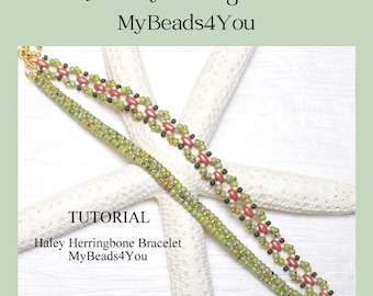May include: A tutorial for making a Haley Herringbone Bracelet, featuring a close-up of the bracelet made with green, red, and black beads. The tutorial is by MyBeads4You.