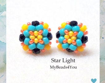 Beadwoven Earrings, Small Post Hypoallergenic Earrings, Turquoise Yellow Orange Black Seed Bead Earrings, Birthday Gift For Her