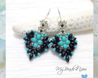 Beautiful Handmade Beadwork Turquoise Black Heart Earrings Gift For Women, Beaded Boho Chic Jewelry, Seed Bead Superduo Beadwoven Earrings
