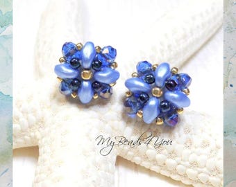 Blue seed bead post earrings, Beadwork crystal earrings, Mothers Day Gift, Handmade Jewelry