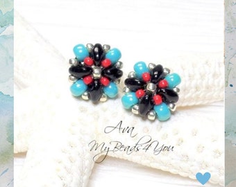 Handmade Black Red Turquoise Silver Stud Earrings, Beaded Jewelry For Women, Beadwoven Post Earrings Birthday Gift For Her, MyBeads4You