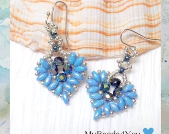 Blue Silver Crystal Heart Earrings, Boho Chic Drop Earrings, Seed Bead Sweet Heart Jewelry, Mothers Day Gift, Fashion Jewelry, MyBeads4You