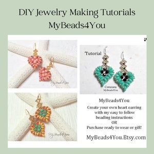 May include: Two pairs of heart-shaped beaded earrings, one pair is pink and the other is turquoise. The earrings are shown on a white background. The image includes the text "DIY Jewelry Making Tutorials MyBeads4You" and "MyBeads4You.Etsy.com".