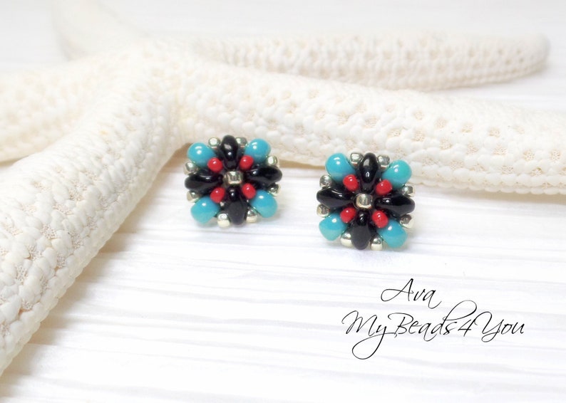 Beading Kit Earrings, Jewelry Making Patterns, Seed Bead Earring Tutorial and Kit, Craft Supplies, DIY Gift Idea Turquoise/Red