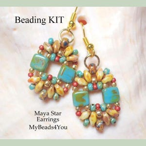 May include: A pair of beaded earrings featuring square turquoise beads surrounded by smaller yellow, red, and teal beads on gold-tone hooks. The text Beading KIT, Maya Star Earrings, and MyBeads4You is visible in the image.