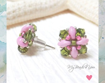 Handmade Pink Green Crystal Beadwork, Small Stud Earrings, Seed Bead Minimalist Jewelry,  Birthday Gift, Graduation Gift, Mothers Day