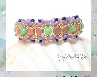 Beadwoven Purple Jade Green Gold Bracelet with SuperDuo and Seed Beads, Boho Jewelry Gift For Women, Beaded Bracelet Valentines Day Gift Her