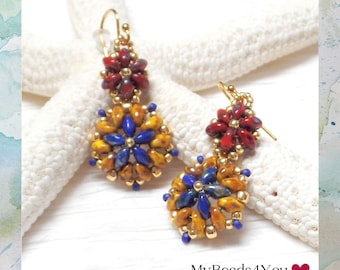 Red Blue Gold Seed Bead Earrings, Beaded Boho Fashion Earrings, Handmade Blue Dangle Drop Earrings, Girlfriend Mothers Day Gift For Her